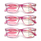KERECSEN 3 Pack Women’s Translucent Pink Square Multifocal Reading Glasses, HD Blue Light Blocking Progressive Lenses, Ultra-Light Plastic Frame with Spring Hinges, No-Line Multi-Power Readers