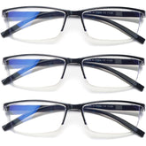 3 Pack Blue Light Blocking Reading Glasses for Men Stylish Half Frame Computer Readers Lightweight Spring Hinge Eyeglasses