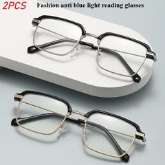 KERECSEN 2pcs Business Fashion Ultra-Light Metal Square Full-Frame Photochromic Men And Women, High-Definition Magnifying +1.0 to +4.0