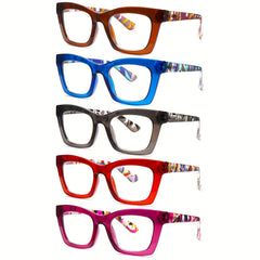 KERECSEN 5 Pack Reading Glasses for Man And Women Anti-blue Light Glasses with Metal Spring Hinges. Kaleidoscope. Large Rectangular Frame. Fashionable Glasses. Ladies' Quality Glasses. Elegant Glasses. Computer Reading Glasses. Family Set