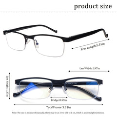 KERECSEN 5 Pack Anti Blue Light Reading Glasses Metal Half Frame, Adjustable Spring Hinges, Blue Light Blocking Glasses For Men Computer Reading Glasses, Small Square Frame Glasses For Men And Women. Perfect For Office Wear. Elegant Reading Glasses.