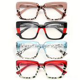 KERECSEN 4 Pack Bold Two-Tone Leopard Print Square Reading Glasses for Seniors Men and Women with HD Blue Light Blocking Lenses, Ultra-Light Plastic Frame and Flexible Spring Hinges for Computer & Daily Reading