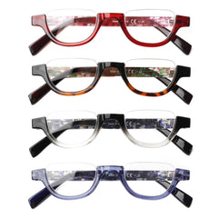 4 Pairs of Colorful Fashion Half Moon Frame Reading Glasses Spring Hinge Male and Female Readers