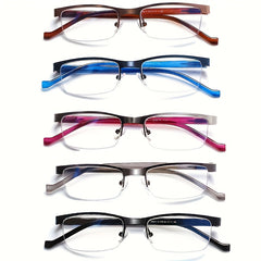 KERECSEN 5 Pack Anti Blue Light Reading Glasses Metal Half Frame, Adjustable Spring Hinges, Blue Light Blocking Glasses For Men Computer Reading Glasses, Small Square Frame Glasses For Men And Women. Perfect For Office Wear. Elegant Reading Glasses.