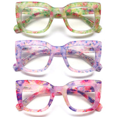 3 pack Women's Reading Glasses with Blue Light Blocking Cat-Eye Floral Frame Design Spring Hinges Computer Reading Glasses