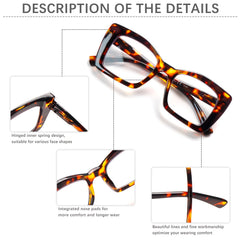 KERECSEN 4-Pack Fashionable Women Large-Frame Rectangular Blue Light Blocking Glasses with Metal Spring Frames, Tortoiseshell Color Block Design, Stylish for Men And Women, Computer And Reading Glasses, Christmas Gifts