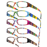KERECSEN 5-Pack Stylish Color Fashion Glasses Blue Light-Blocking Metal Spring Hinges Rectangular Frames with Color Prints, Reading Glasses Comfortable Wide Temple Trendy Pack Glasses
