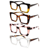 KERECSEN 4-Pack Fashionable Women Large-Frame Rectangular Blue Light Blocking Glasses with Metal Spring Frames, Tortoiseshell Color Block Design, Stylish for Men And Women, Computer And Reading Glasses, Christmas Gifts