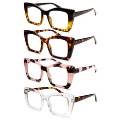 KERECSEN 4-Pack Fashionable Women Large-Frame Rectangular Blue Light Blocking Glasses with Metal Spring Frames, Tortoiseshell Color Block Design, Stylish for Men And Women, Computer And Reading Glasses, Christmas Gifts