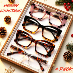 KERECSEN 4-Pack Fashionable Women Large-Frame Rectangular Blue Light Blocking Glasses with Metal Spring Frames, Tortoiseshell Color Block Design, Stylish for Men And Women, Computer And Reading Glasses, Christmas Gifts