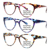 KERECSEN 3 Pack Cat Eye Floral Reading Glasses for Women, Ultra Light Plastic High Definition Blue Light Blocking Readers with Spring Hinges