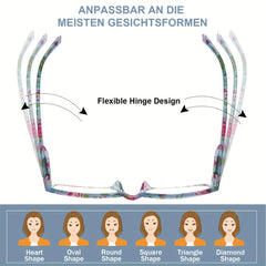 KERECSEN 6-Pack Reading Glasses For Women Fashionable With Blue Light Blocking Computer Glasses Spring Hinges Plastic Frames Stylish Rectangular Design Comfortable Ladies Readers Pattern Print Eyeglasses Anti Glare Anti-Blue Light Lenses