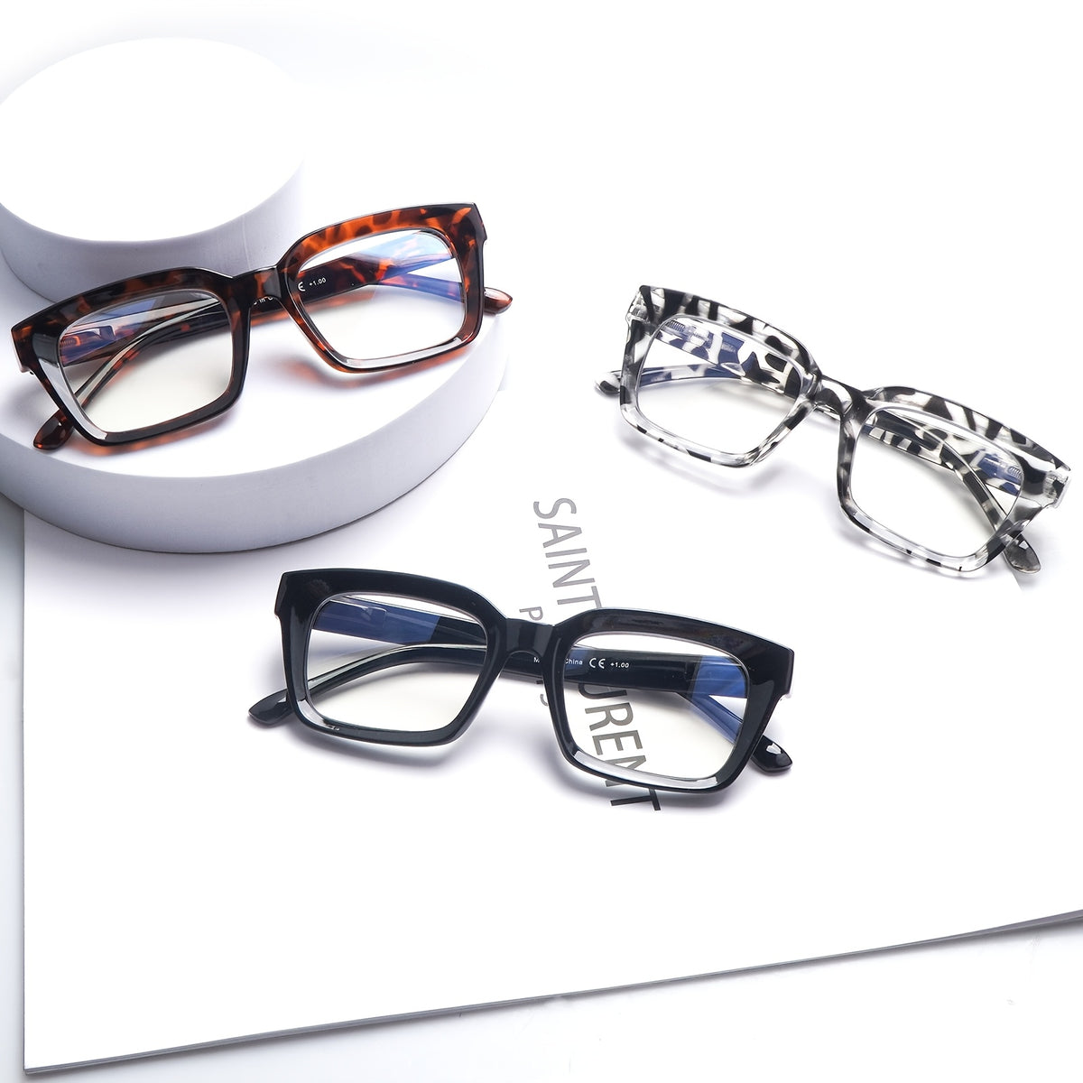 KERECSEN 3-Pair Set Of Classic Mutifocal Progressive Reading Glasses with Blue Light Protection for Women And Men, Durable Metal Hinges, Square Frames with A Concave Design, Everyday Classic Style