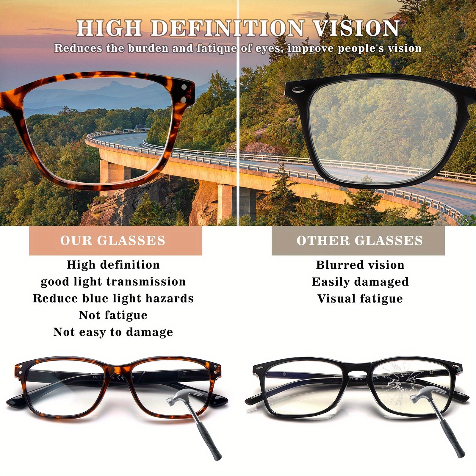 KERECSEN 5pcs Anti-Blue Light Reading Glasses with Gradient Tinted & Adjustable Hinges - Computer Eyeglasses for Eye Strain Relief, Device Use, Compatible for Men & Women