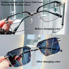 KERECSEN 2pcs Business Fashion Ultra-Light Metal Square Full-Frame Photochromic Men And Women, High-Definition Magnifying +1.0 to +4.0