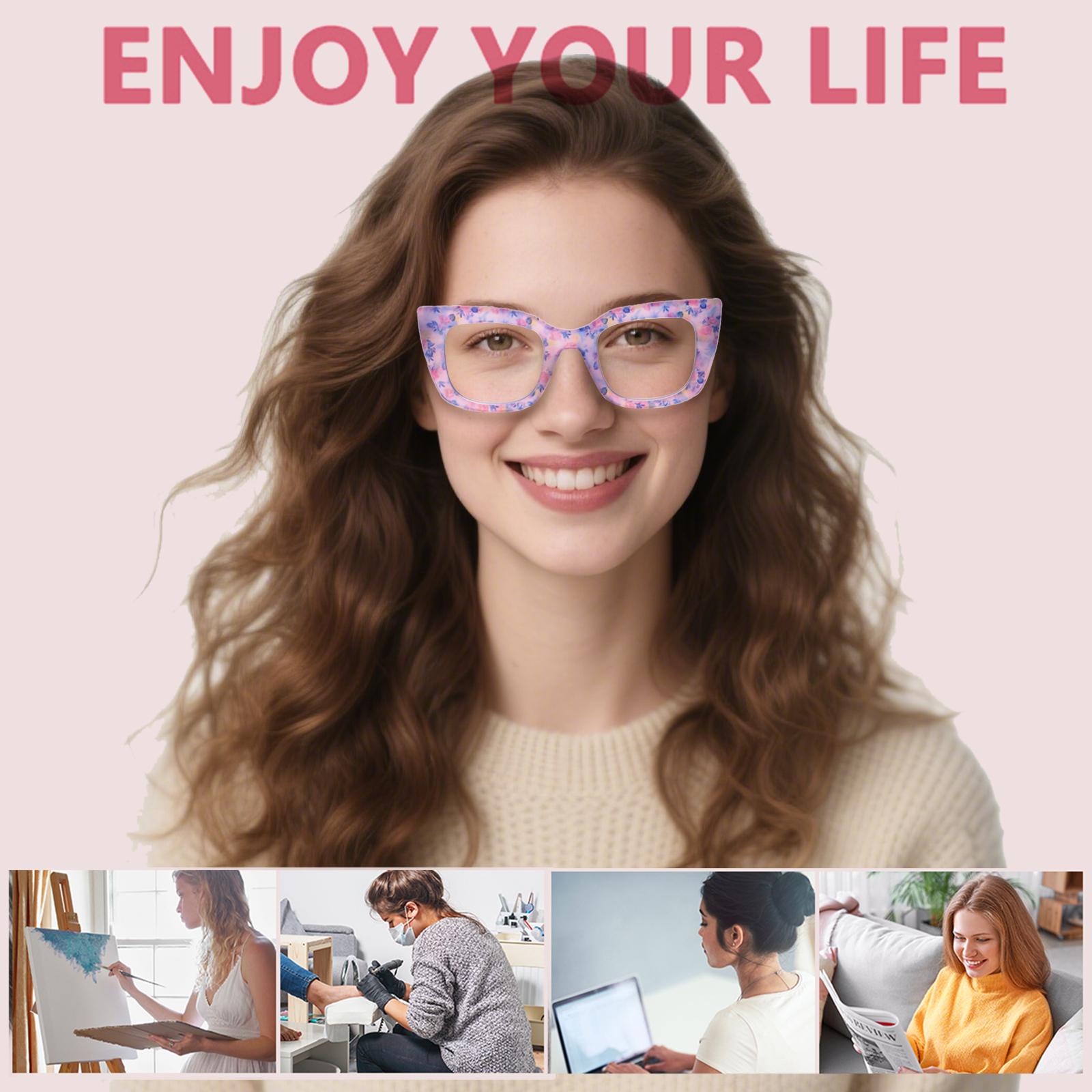 3 pack Women's Reading Glasses with Blue Light Blocking Cat-Eye Floral Frame Design Spring Hinges Computer Reading Glasses