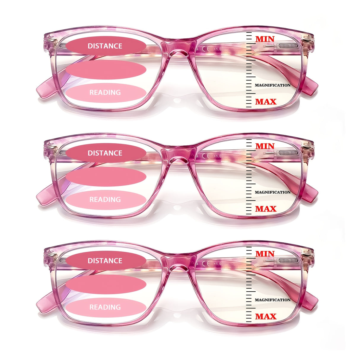 KERECSEN 3 Pack Women’s Translucent Pink Square Multifocal Reading Glasses, HD Blue Light Blocking Progressive Lenses, Ultra-Light Plastic Frame with Spring Hinges, No-Line Multi-Power Readers