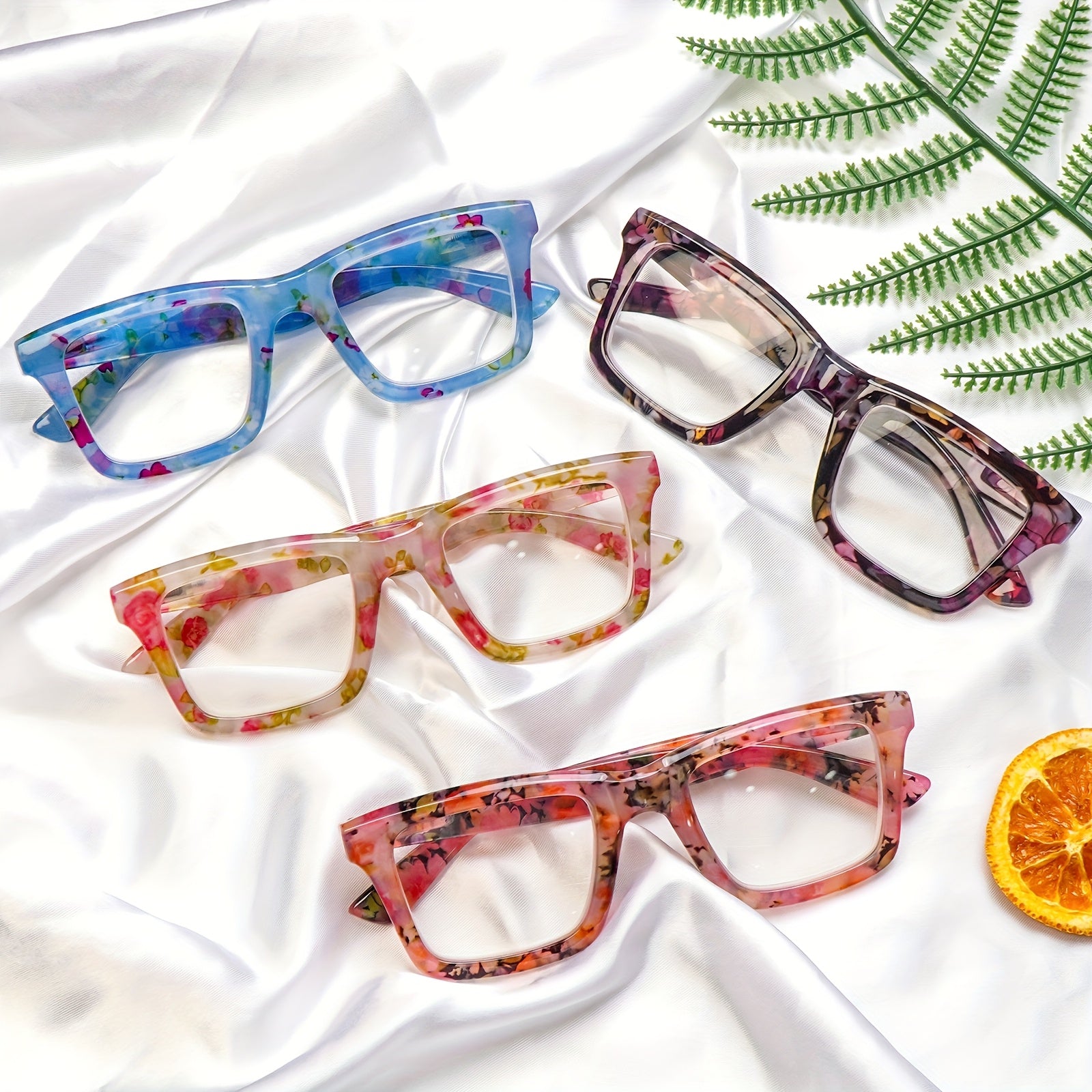 KERECSEN 4-Pack Reading Glasses For Women Blue Light Blocking Computer Reader With Spring Hinges Stylish Eyeglasses Frames With Floral Print Suitable For Daily Wear For Reading And Looking At The Computer Local Warehouse