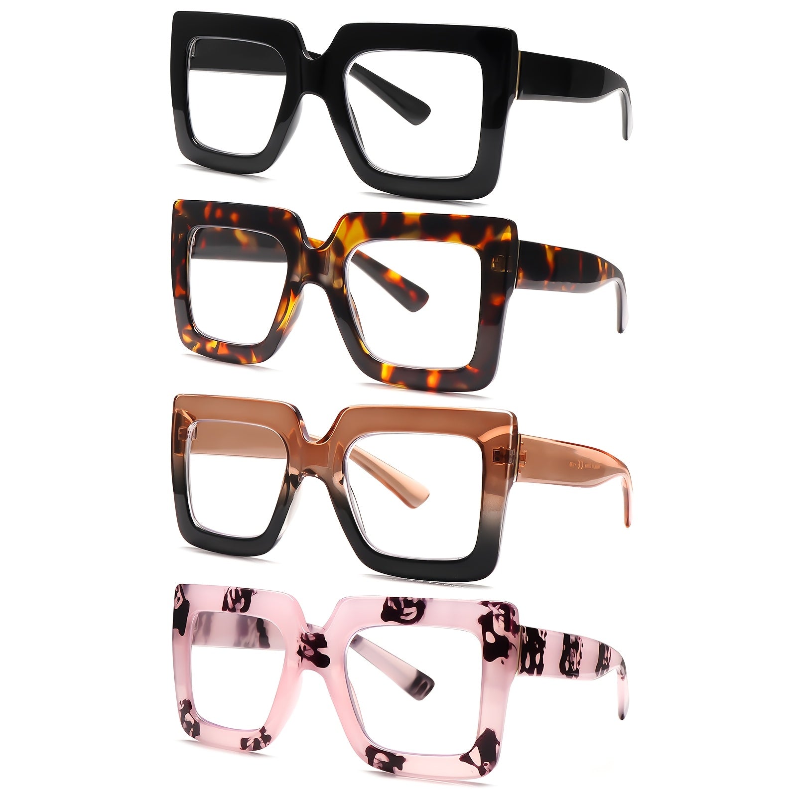 KERECSEN 4-Pack Fashionable Anti-Blue Light Reading Glasses, Designed For Women Featuring Oversized Square Frames With Spring Hinges, Premium Anti-blue Light Lenses, And Stylish Accessories Ideal For Reading And Computer Work