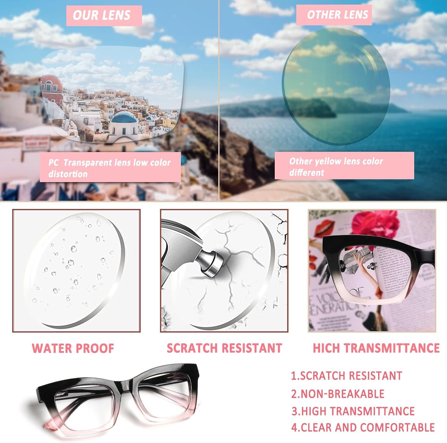 6 Pack Oprah Style Reading Glasses for Women Blue Light Blocking Reader