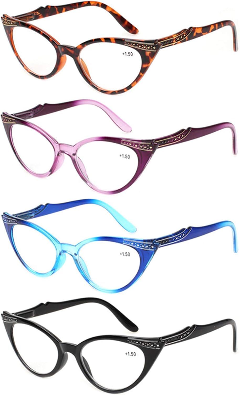 Kerecsen 4 Pack Ladies Stylish Cateye Reading Glasses Spring Hinge Readers Women