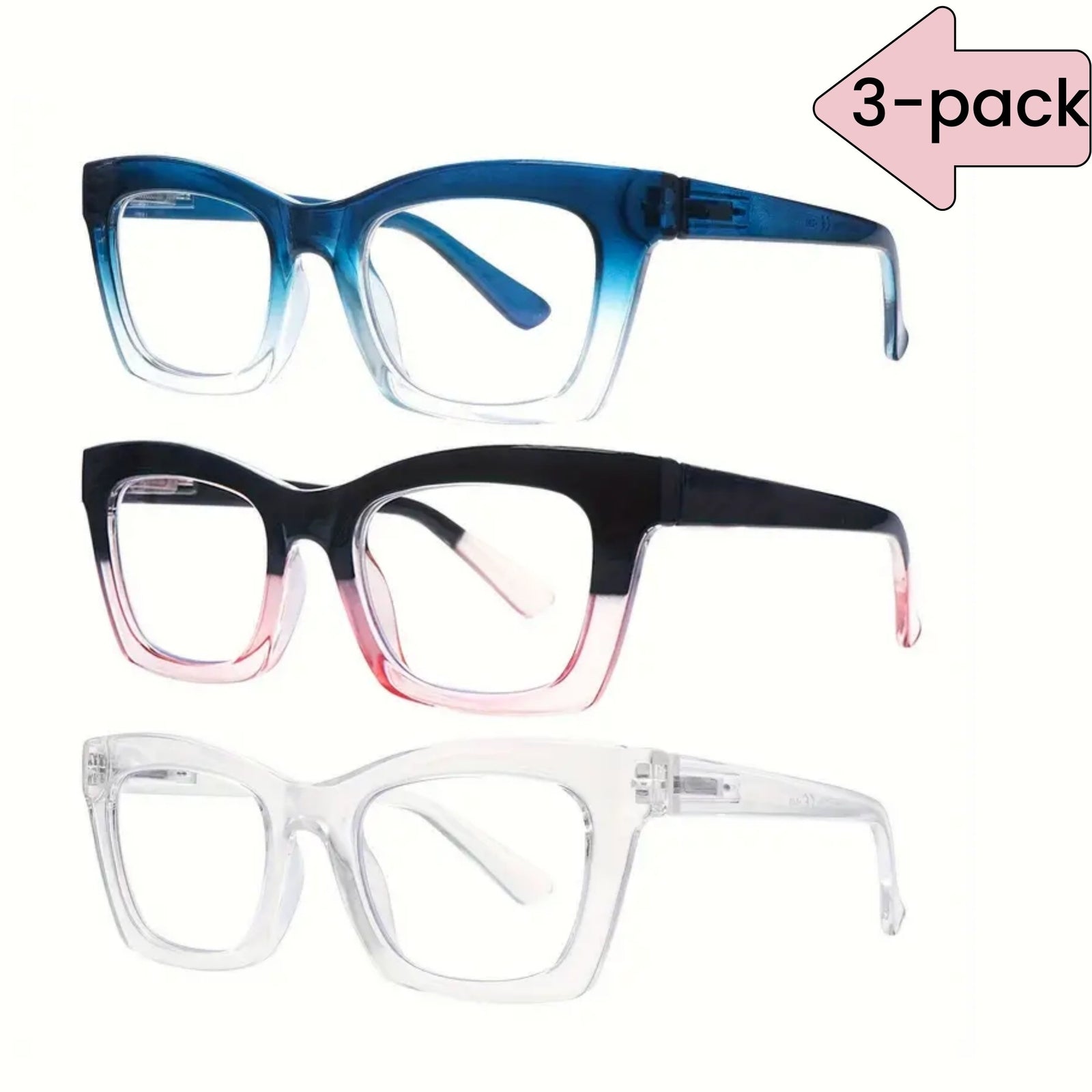 3-Pack Fashionable Women's Reading Glasses Blue Light Blocking Computer Square