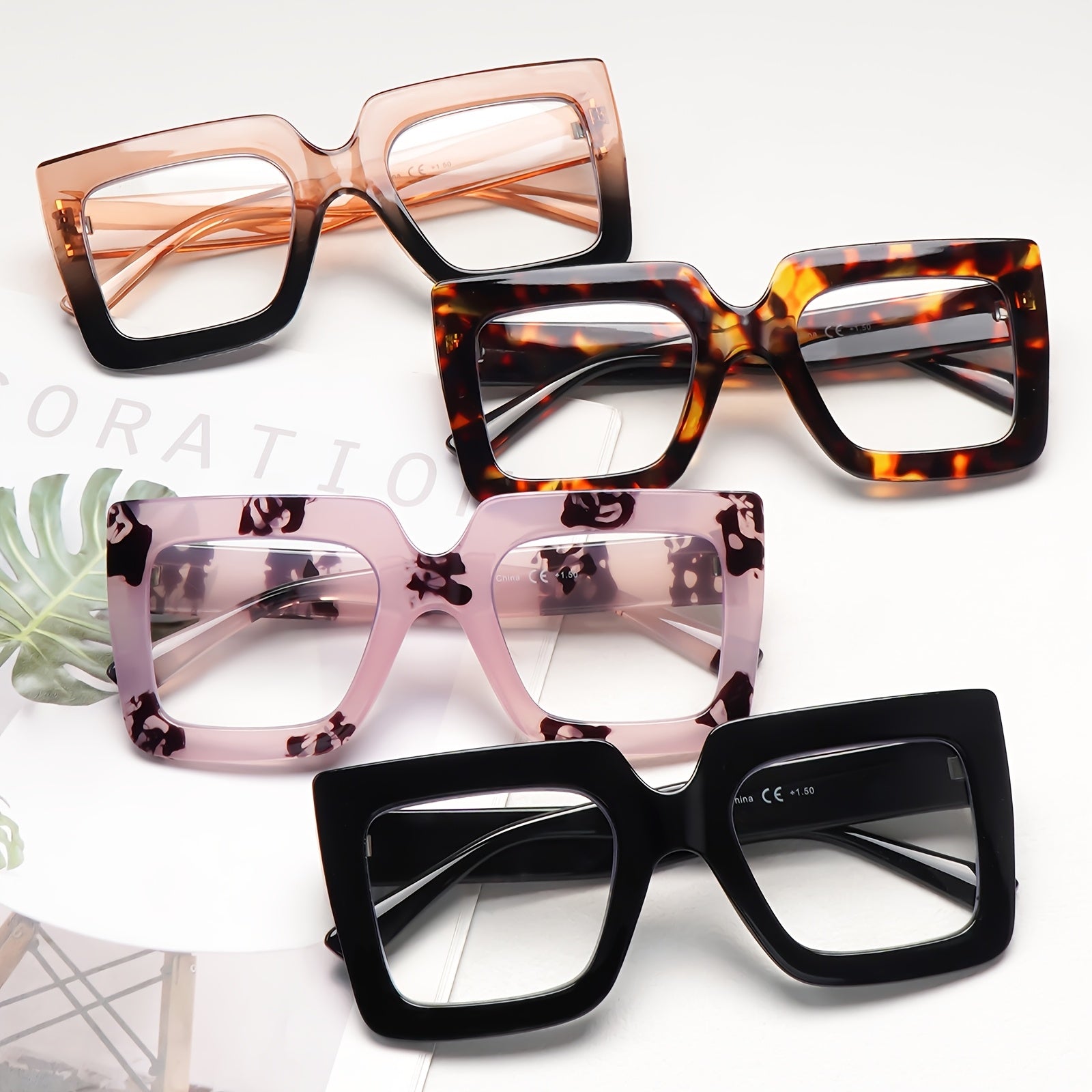 KERECSEN 4-Pack Fashionable Anti-Blue Light Reading Glasses, Designed For Women Featuring Oversized Square Frames With Spring Hinges, Premium Anti-blue Light Lenses, And Stylish Accessories Ideal For Reading And Computer Work