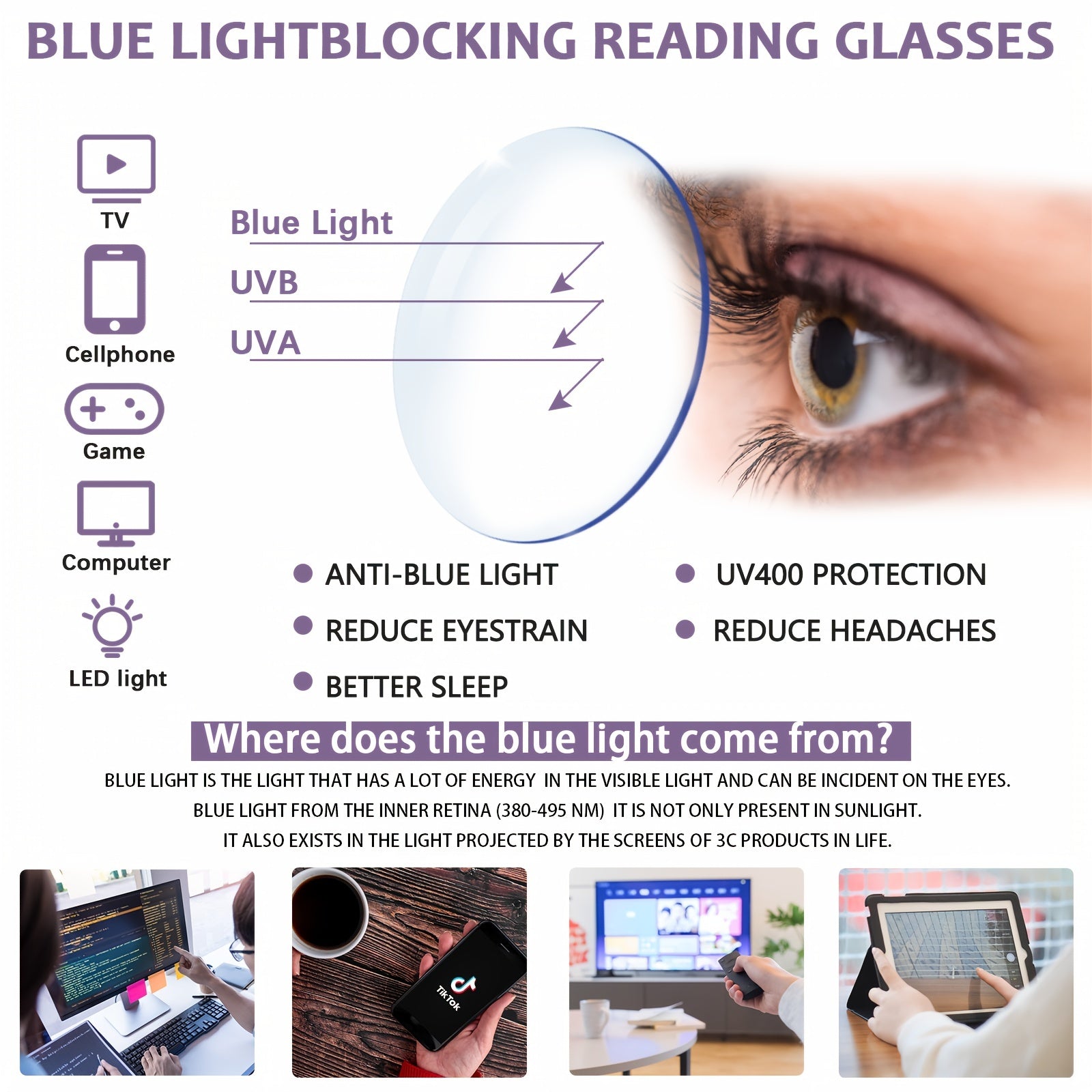 KERECSEN 6 Pack Women's Computer Glasses with Anti-Blue Light & - Reading Eyewear Suitable for Digital Screens, Computer, Smartphone, TV - Lightweight Spring Hinge, Full-Rame for Eye Relief & Blurred Vision