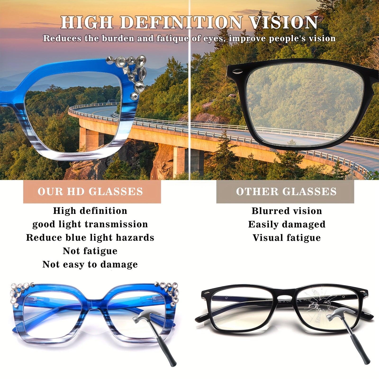 KERECSEN Blue Light Blocking Reading Glasses With Diamond and Cat-Eye Design Oprah Style,Anti-blue Light, Functions Visual Fatigue, Provide Clear Vision, Equipped With Spring Hinges, Fashionable For Women