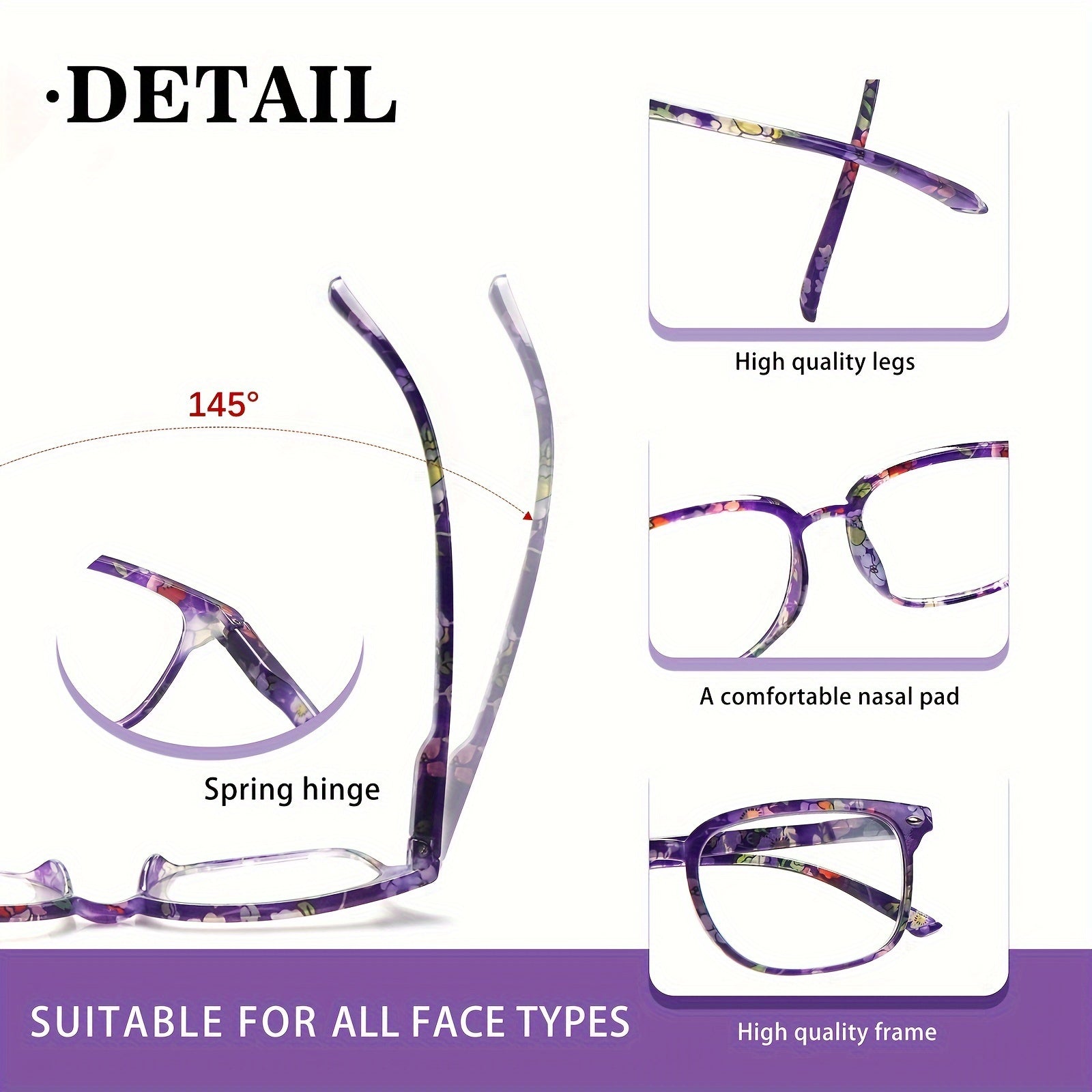 KERECSEN  Women'S Oval Reading Glasses 5-Pack, Fashionable Floral Readers with Blue Light Blocking, Adjustable Spring Hinge, Lightweight Plastic Frame, Resin Lens Eyeglasses for Computer/Work