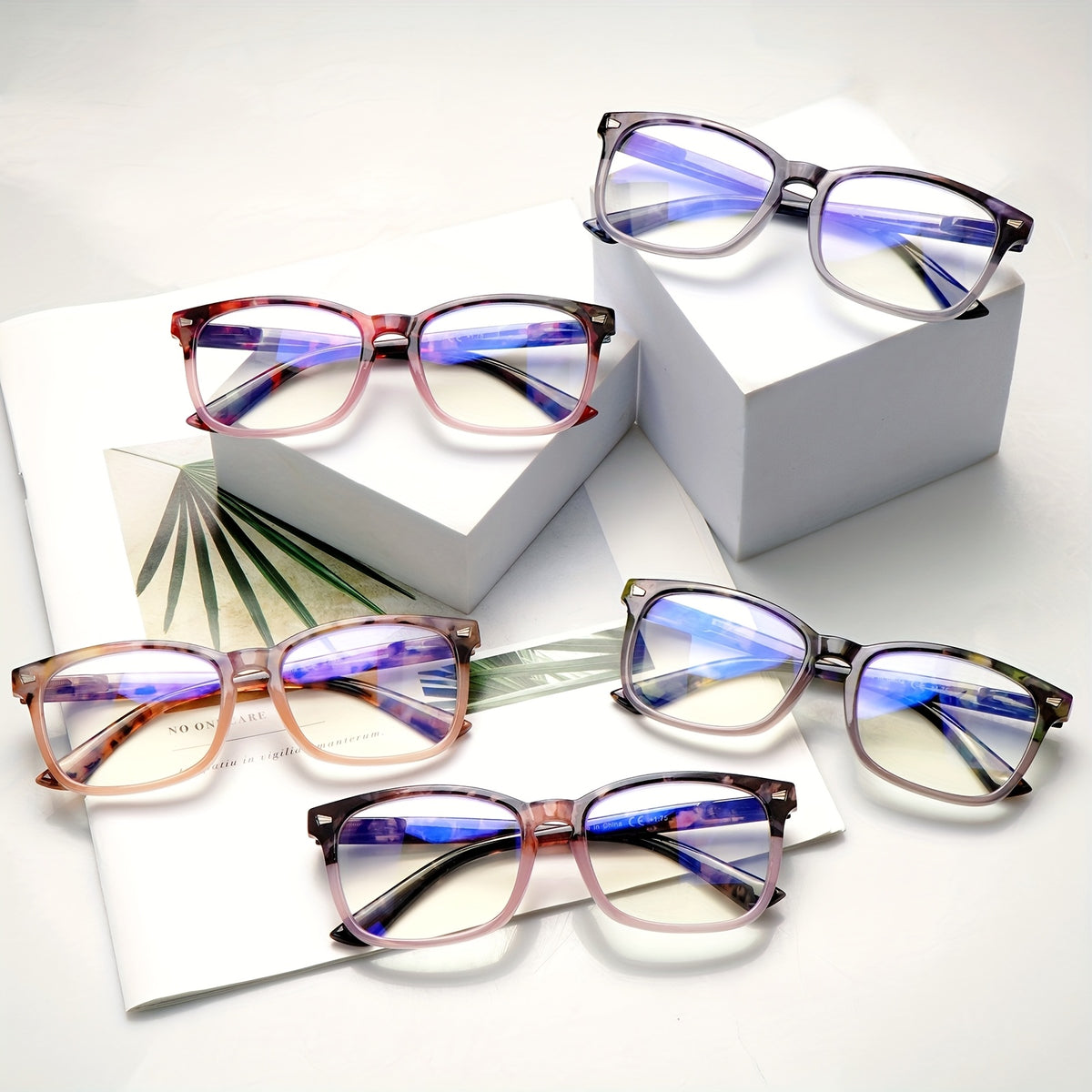 KERECSEN 5 Pack Women’s Gradient Square Reading Glasses, HD Blue Light Blocking Lenses, Ultra-Light Plastic Frame with Flexible Spring Hinges, Marbled Two-Tone Fashion Readers