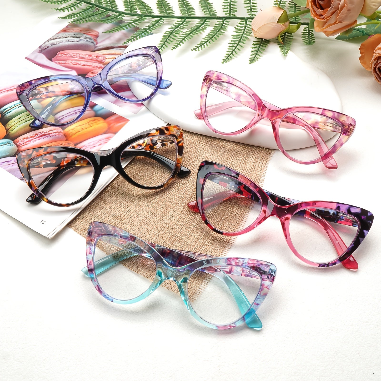 KERECSEN 5-Pack Cat-Eye Blue Light-Blocking Reading Glasses, Specifically for Women with Stylish Patterns. Lightweight Frames Ensure a Comfortable Fit. Premium Blue Light-Blocking Lenses Effectively Relieve Eye Strain.