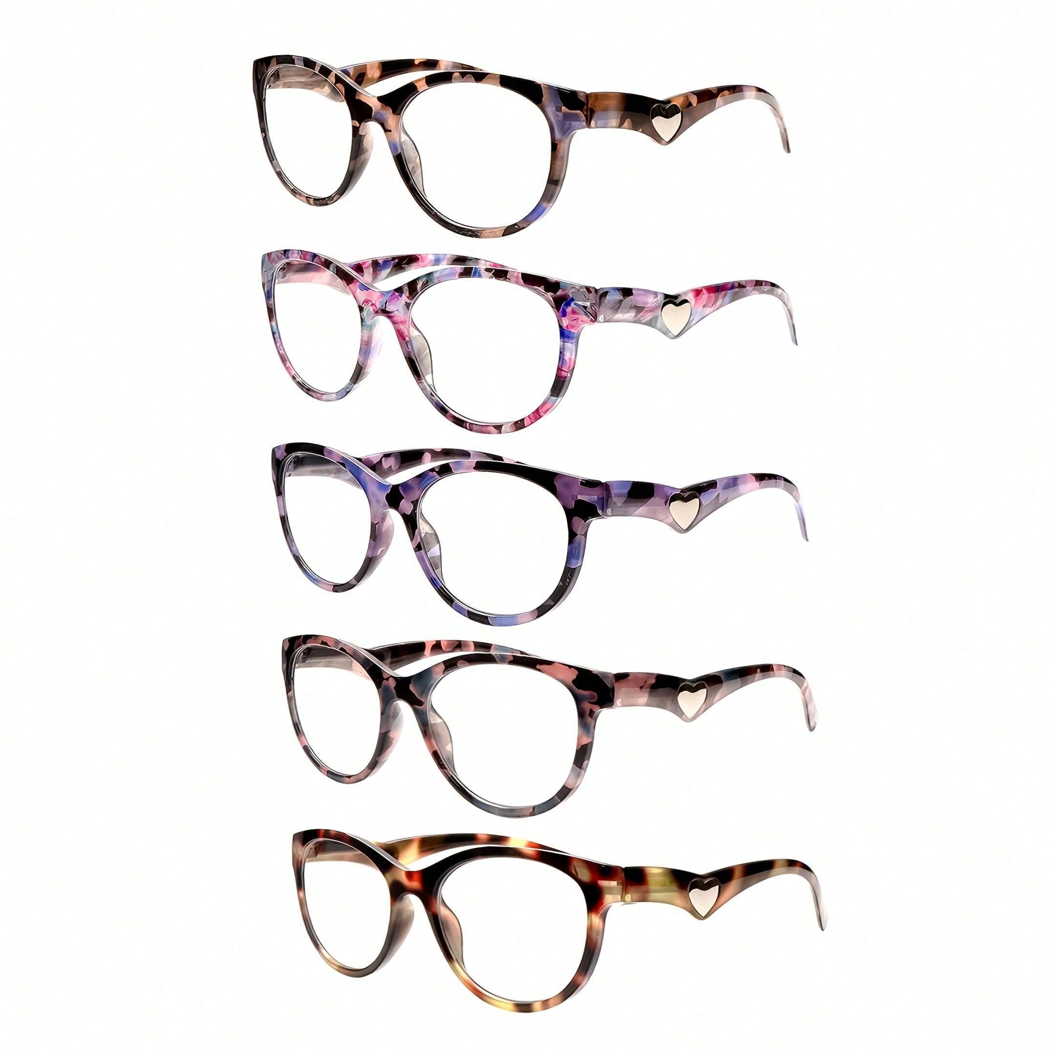 5 Pack of Women's Reading Glasses With Anti-Blue Light Lenses Fashio Print Heart Pattern Spring Hinge Lightweight Glasses