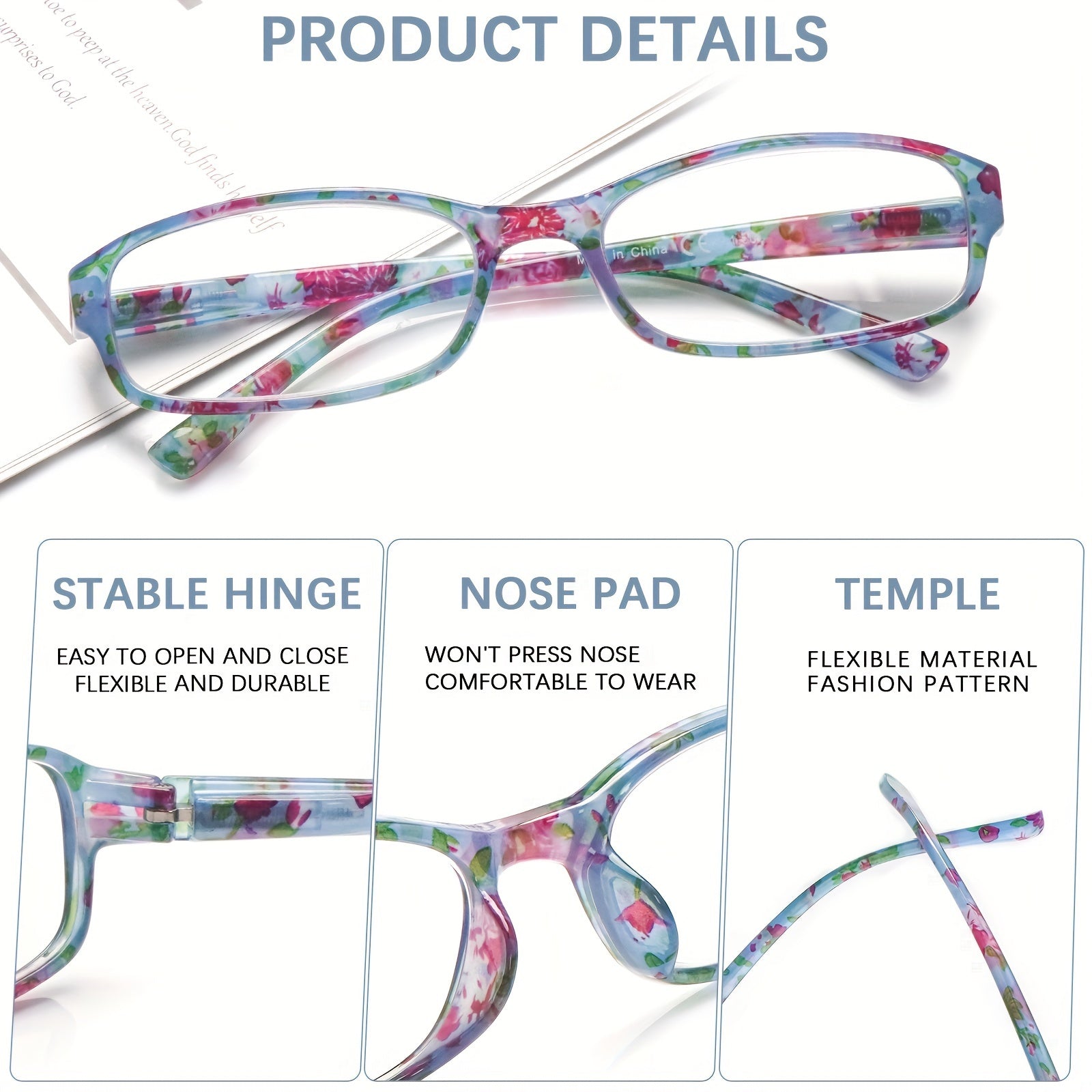 KERECSEN 6-Pack Reading Glasses For Women Fashionable With Blue Light Blocking Computer Glasses Spring Hinges Plastic Frames Stylish Rectangular Design Comfortable Ladies Readers Pattern Print Eyeglasses Anti Glare Anti-Blue Light Lenses