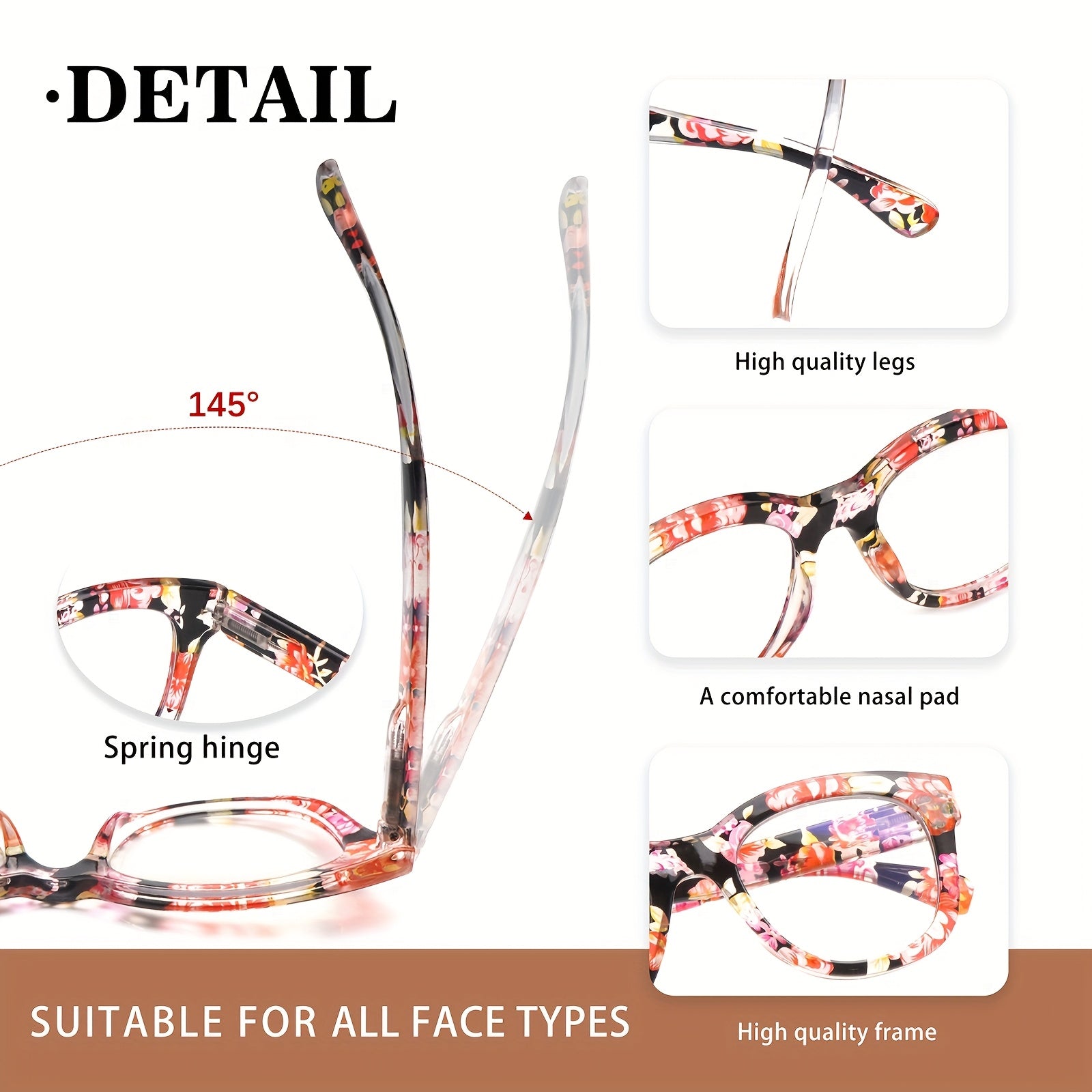 KERECSEN 4-Pack Reading Glasses For Women Anti Blue Light Computer Reader With Spring Hinges Oversized Frame With Stylish Floral Print Reading Glasses For Work And Study