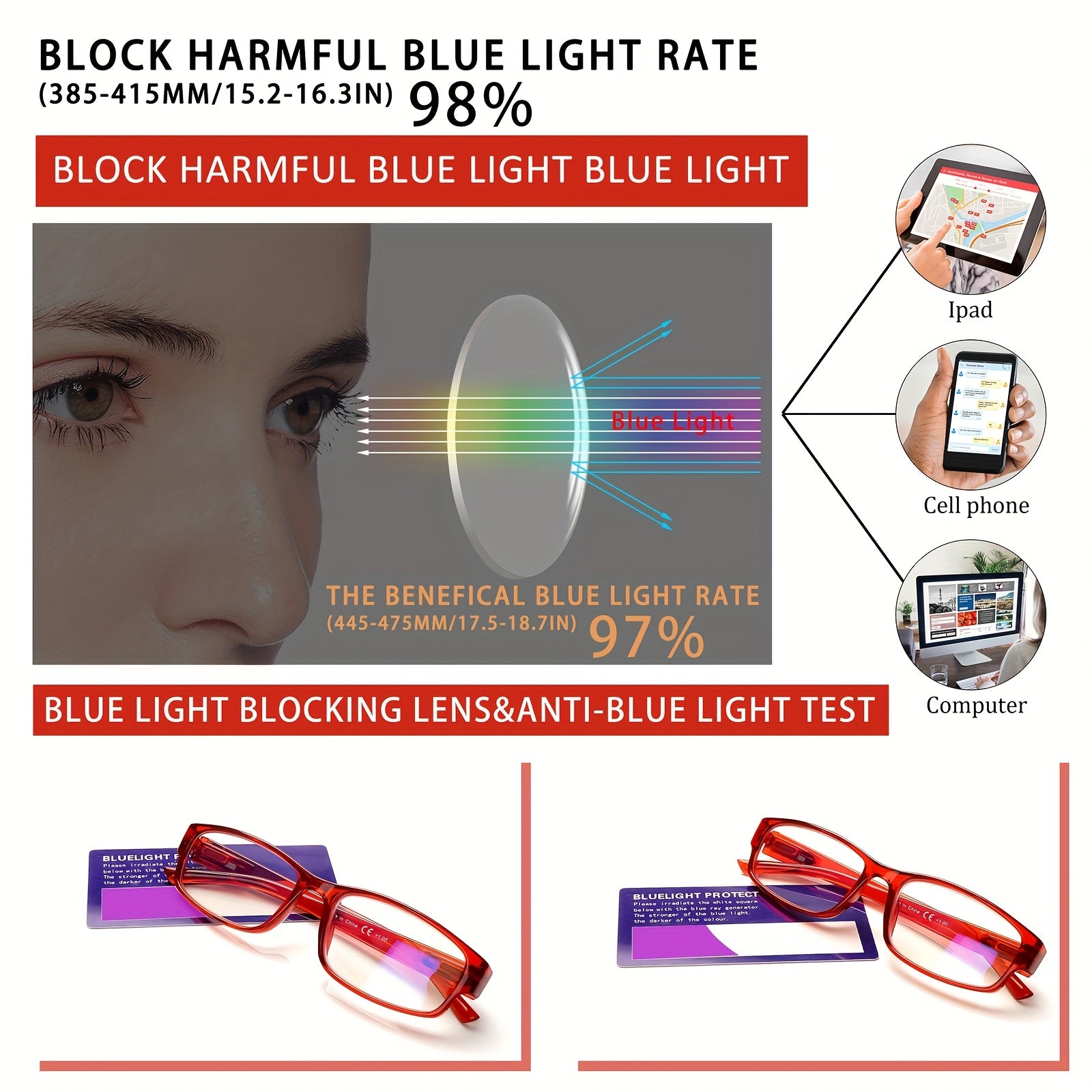 KERECSEN 6 Pairs Ultra-Light Rectangular Blue Light Blocking Glasses, Spring Hinges, Anti-Glare Clear Lenses, Adjustable Fit for Men & Women, Presbyopia Relief, Computer Reading Glasses Fashionable and exquisite holiday gifts
