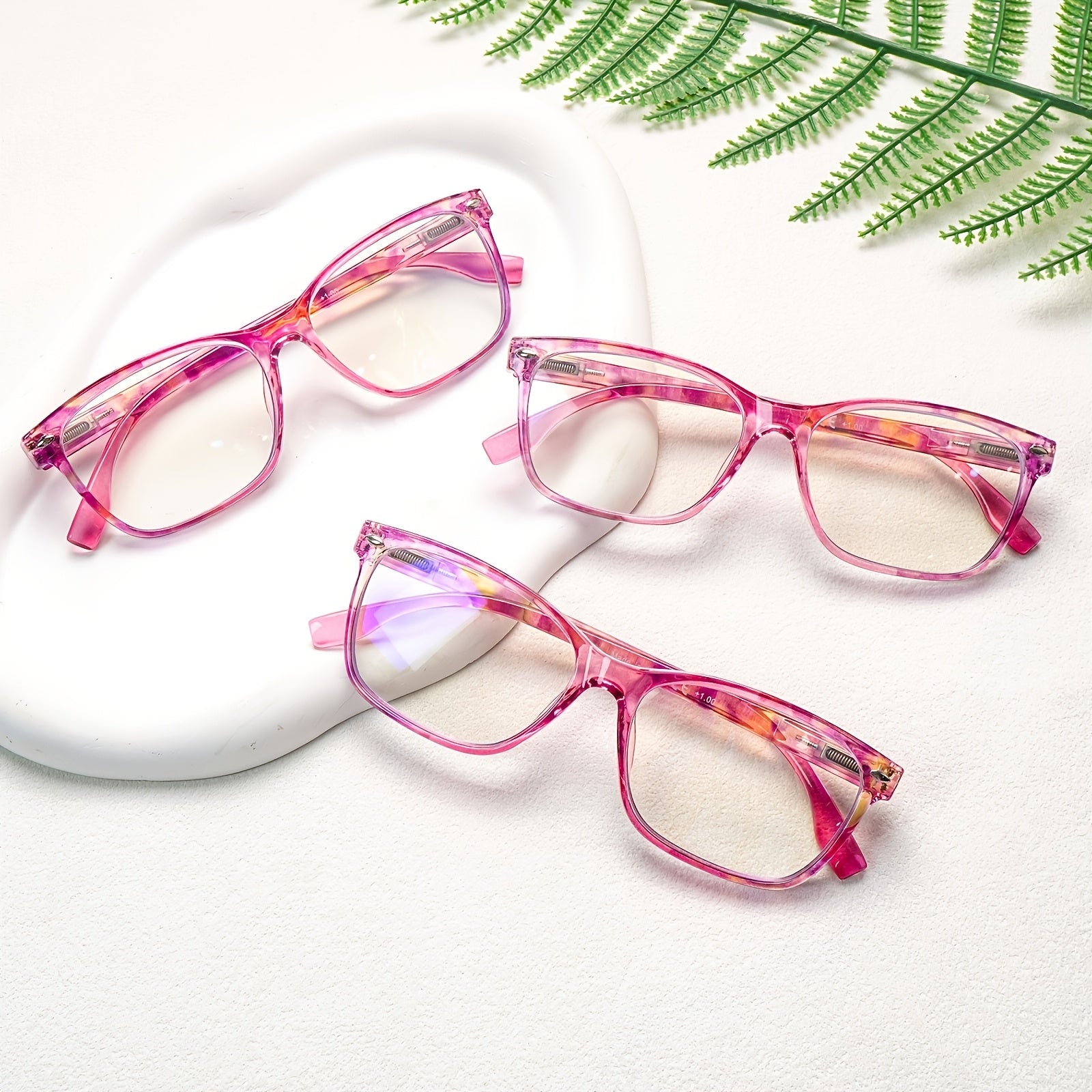 KERECSEN 3 Pack Women’s Translucent Pink Square Multifocal Reading Glasses, HD Blue Light Blocking Progressive Lenses, Ultra-Light Plastic Frame with Spring Hinges, No-Line Multi-Power Readers