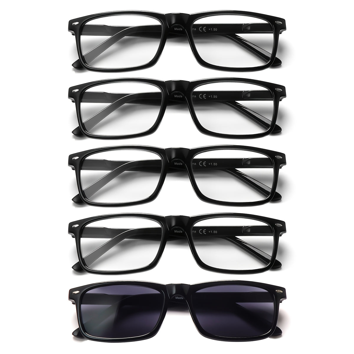 KERECSEN 5-Pack Reading Glasses for Men And Women, Black Square-Frame Readers, Clear-Lens Presbyopia Glasses
