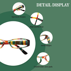 KERECSEN 5-Pack Stylish Color Fashion Glasses Blue Light-Blocking Metal Spring Hinges Rectangular Frames with Color Prints, Reading Glasses Comfortable Wide Temple Trendy Pack Glasses