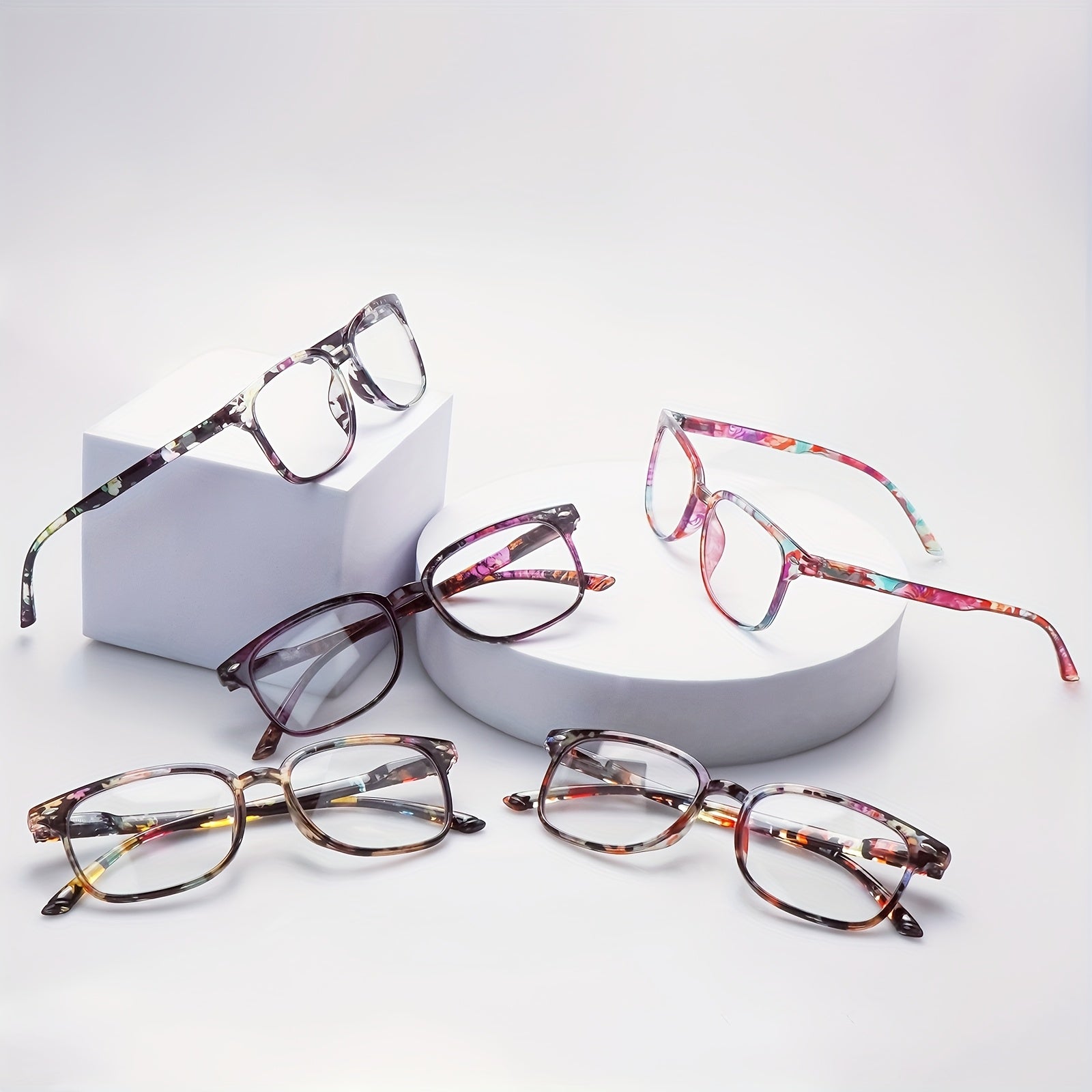 KERECSEN 5 Pack Women’s Floral Print Rectangle Reading Glasses, HD Blue Light Blocking Lenses, Ultra-Light Plastic Frame with Flexible Spring Hinges, Vintage Floral Pattern Fashion Readers