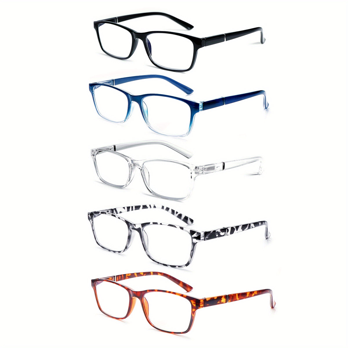 KERECSEN 5 Pack Rectangular Frame Fashion Reading Glasses (Unisex) Features Metal Spring Hinges Minimalist Design All-black Lightweight Plastic Frames with Polycarbonate Lenses Ideal for Reading On Computers, TVs, Phones, And Other Electronic Devices