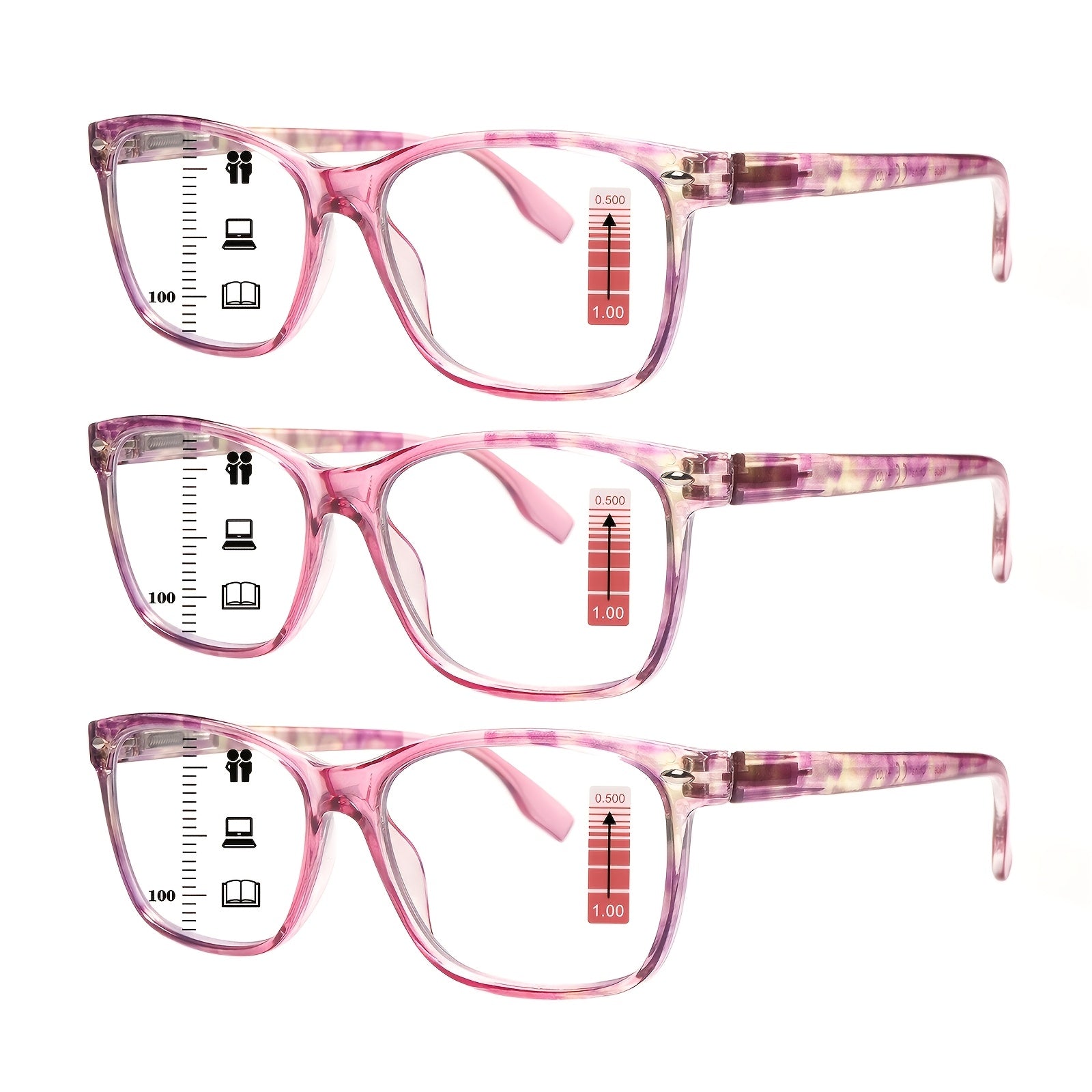KERECSEN 3 Pack Women’s Translucent Pink Square Multifocal Reading Glasses, HD Blue Light Blocking Progressive Lenses, Ultra-Light Plastic Frame with Spring Hinges, No-Line Multi-Power Readers