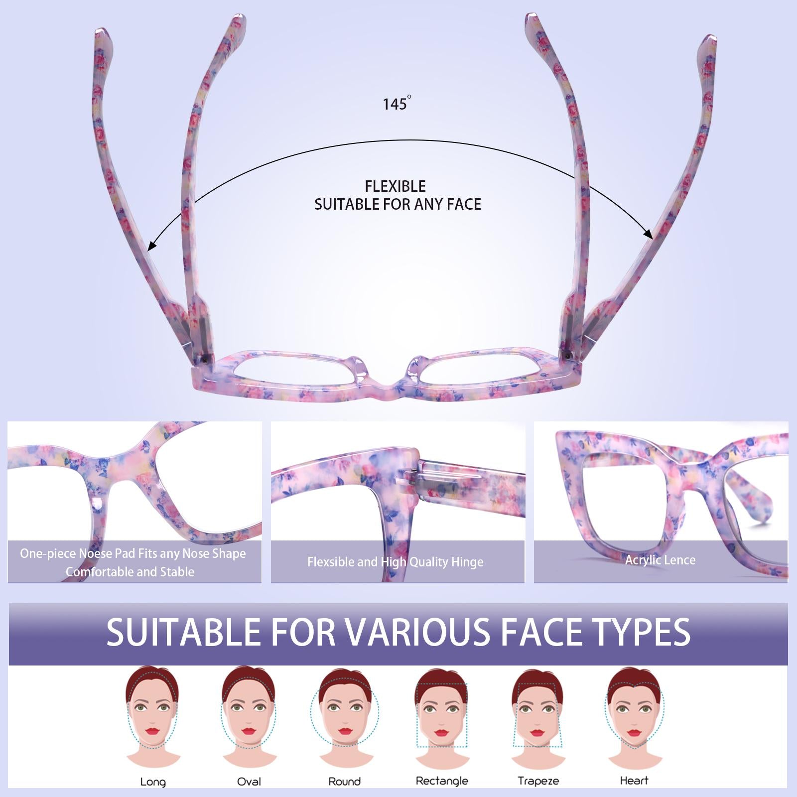 3 pack Women's Reading Glasses with Blue Light Blocking Cat-Eye Floral Frame Design Spring Hinges Computer Reading Glasses