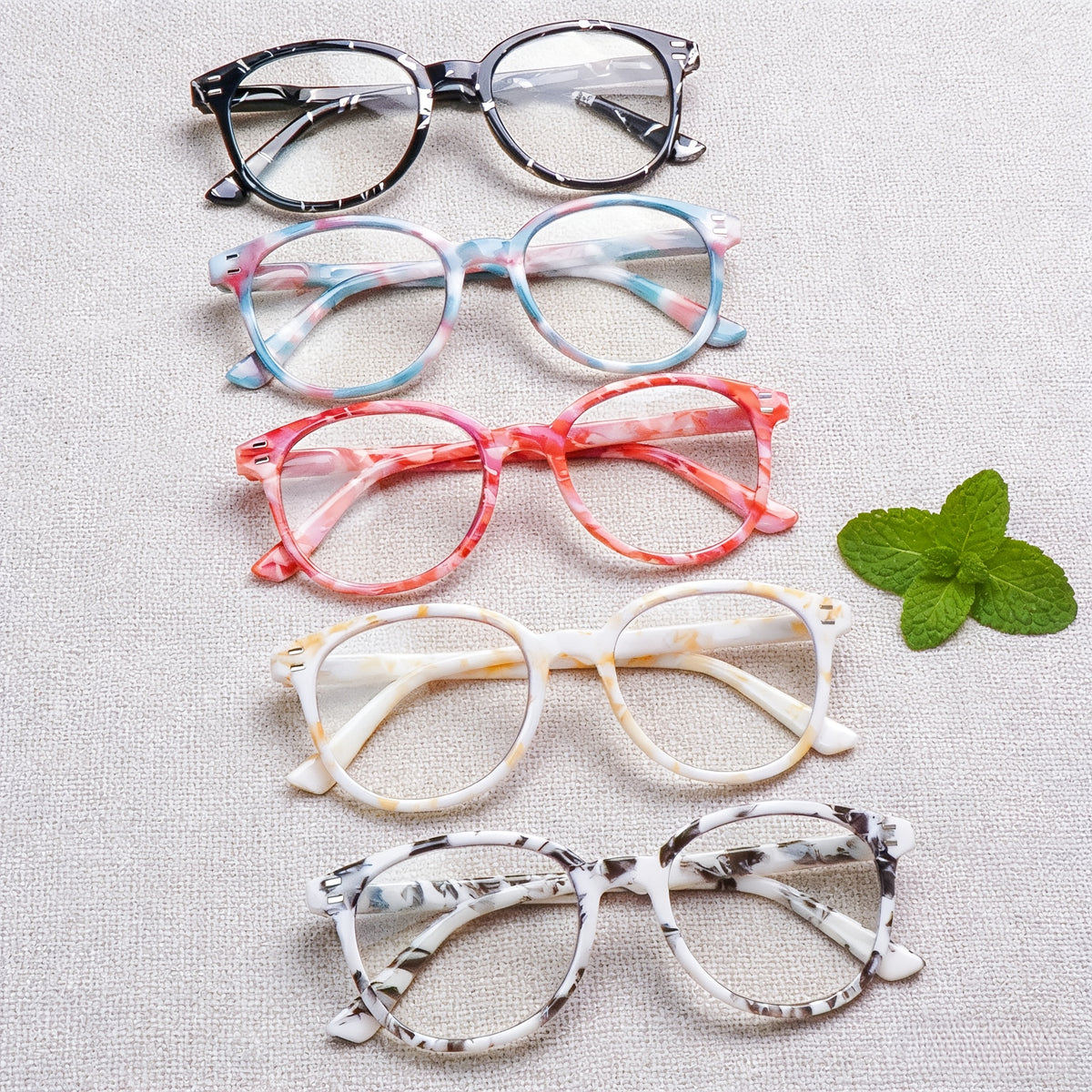 KERECSEN 5 Pack Reading Glasses for Women & Men with Anti-Blue Light Lenses - Macaroon Colors (, Blue, Light) Round/Full/Round Frames, Flexible Hinges Suitable for Computer, Smartphone, E-Books - Ideal Gift Set