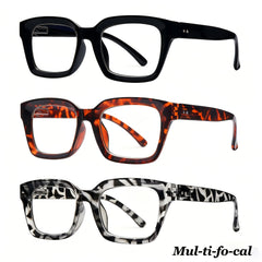 KERECSEN 3-Pair Set Of Classic Mutifocal Progressive Reading Glasses with Blue Light Protection for Women And Men, Durable Metal Hinges, Square Frames with A Concave Design, Everyday Classic Style