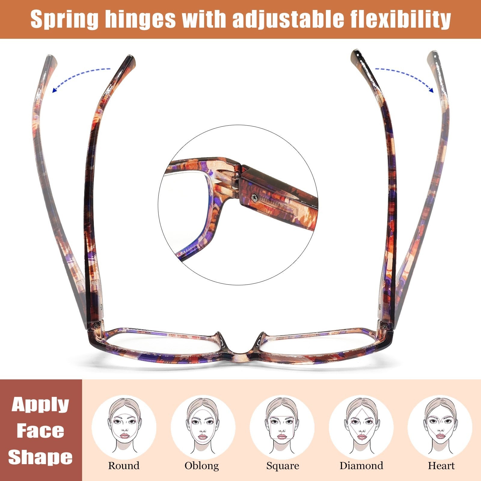 5-Pack Reading Glasses Fashion Ladies Readers Spring Hinge with Pattern Print Eyeglasses for Women