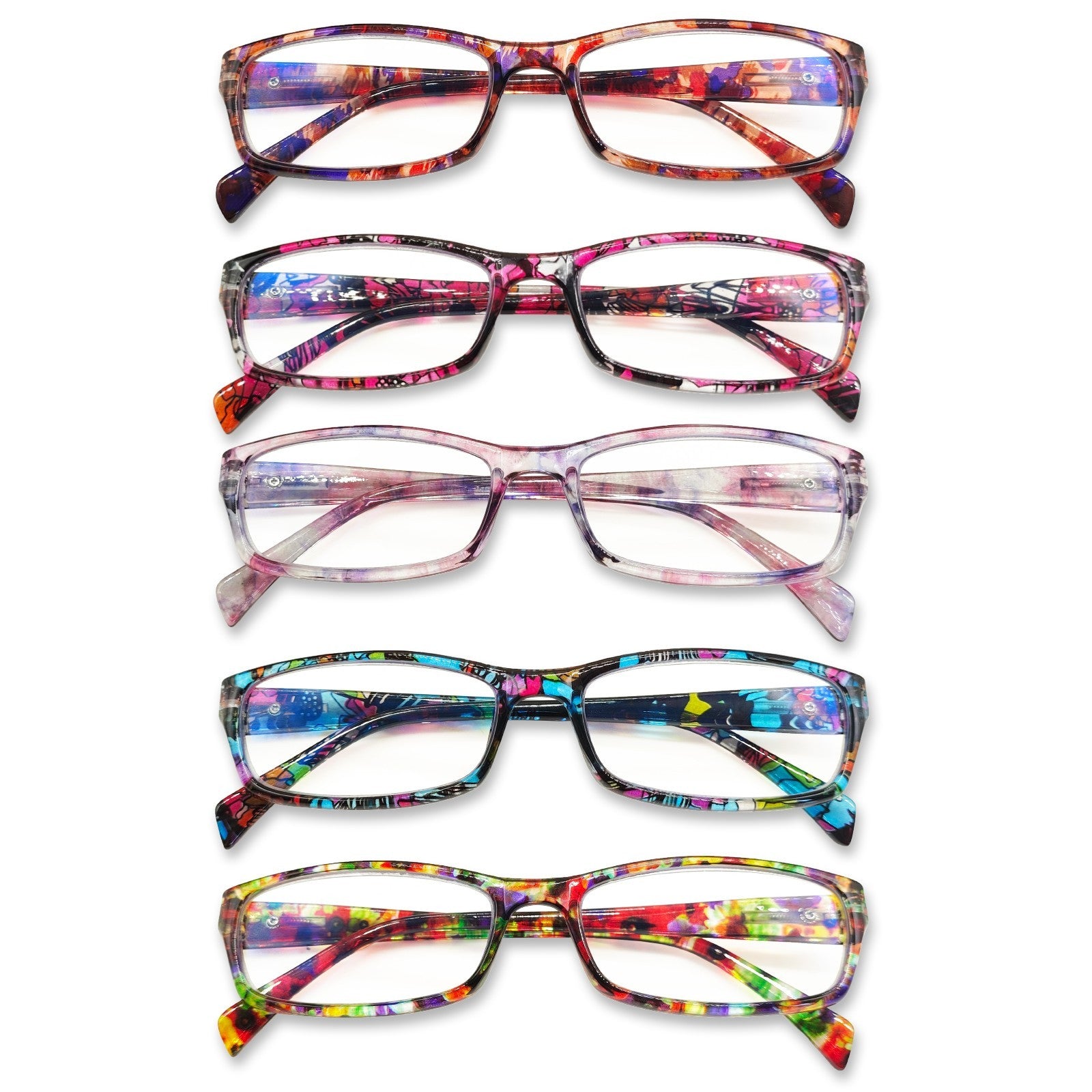 5-Pack Reading Glasses Fashion Ladies Readers Spring Hinge with Pattern Print Eyeglasses for Women