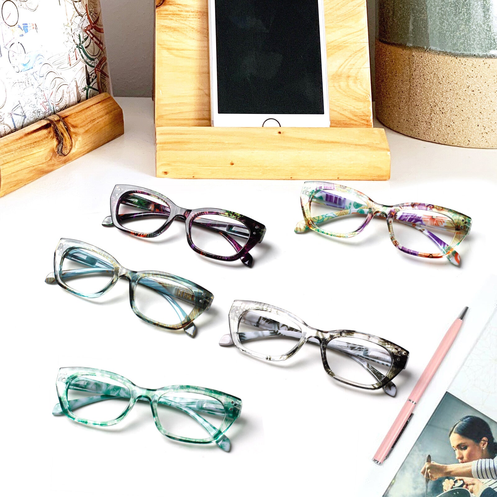 5-Pack Reading Glasses Women Readers Spring Hinge Pattern Print Eyeglasses Computer Reading Glasses,TV Glasses for Women