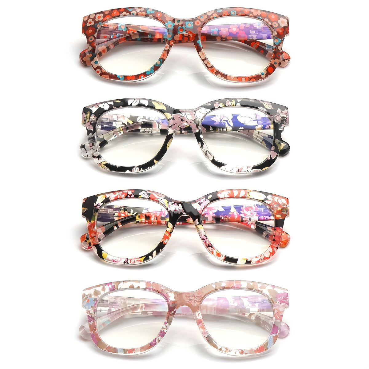 KERECSEN 4-Pack Reading Glasses For Women Anti Blue Light Computer Reader With Spring Hinges Oversized Frame With Stylish Floral Print Reading Glasses For Work And Study