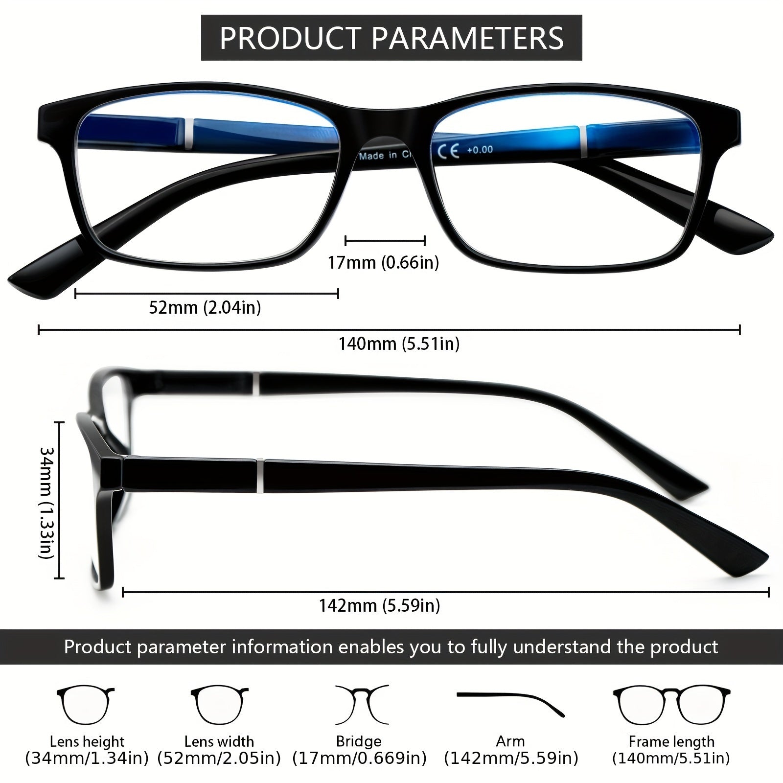 KERECSEN 5 Pack Rectangular Frame Fashion Reading Glasses (Unisex) Features Metal Spring Hinges Minimalist Design All-black Lightweight Plastic Frames with Polycarbonate Lenses Ideal for Reading On Computers, TVs, Phones, And Other Electronic Devices